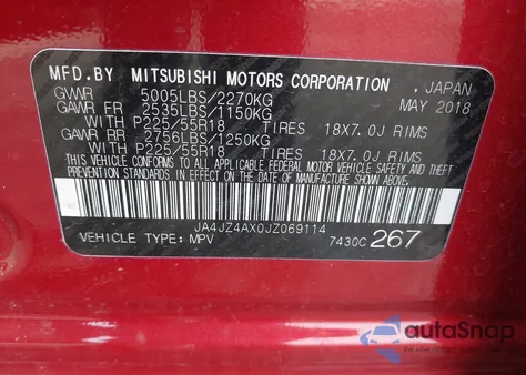 2018 Mitsubishi Outlander Gt from USA, damaged, VIN JA4JZ4AX0JZ069114